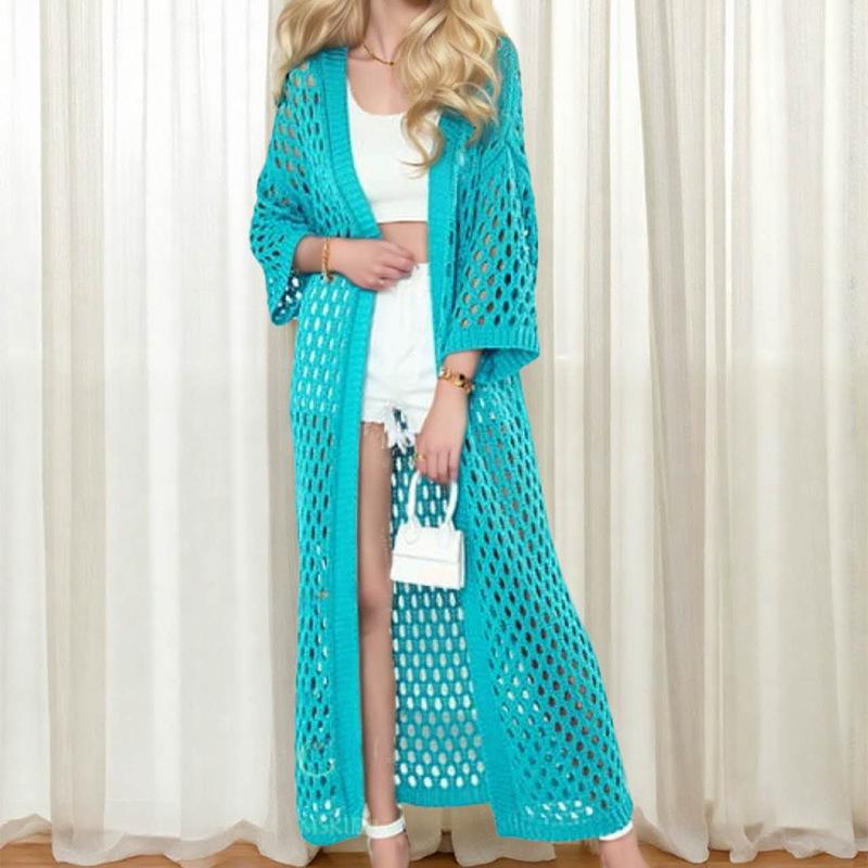 2025 cross-border bikini summer new cardigan skirt women's fashion and sexy simple knitted grid hollow beach