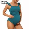 One Piece Ruffle Maternity Swimsuit Moderate Coverage Bathing Suit for Women Square Neck Swimwear