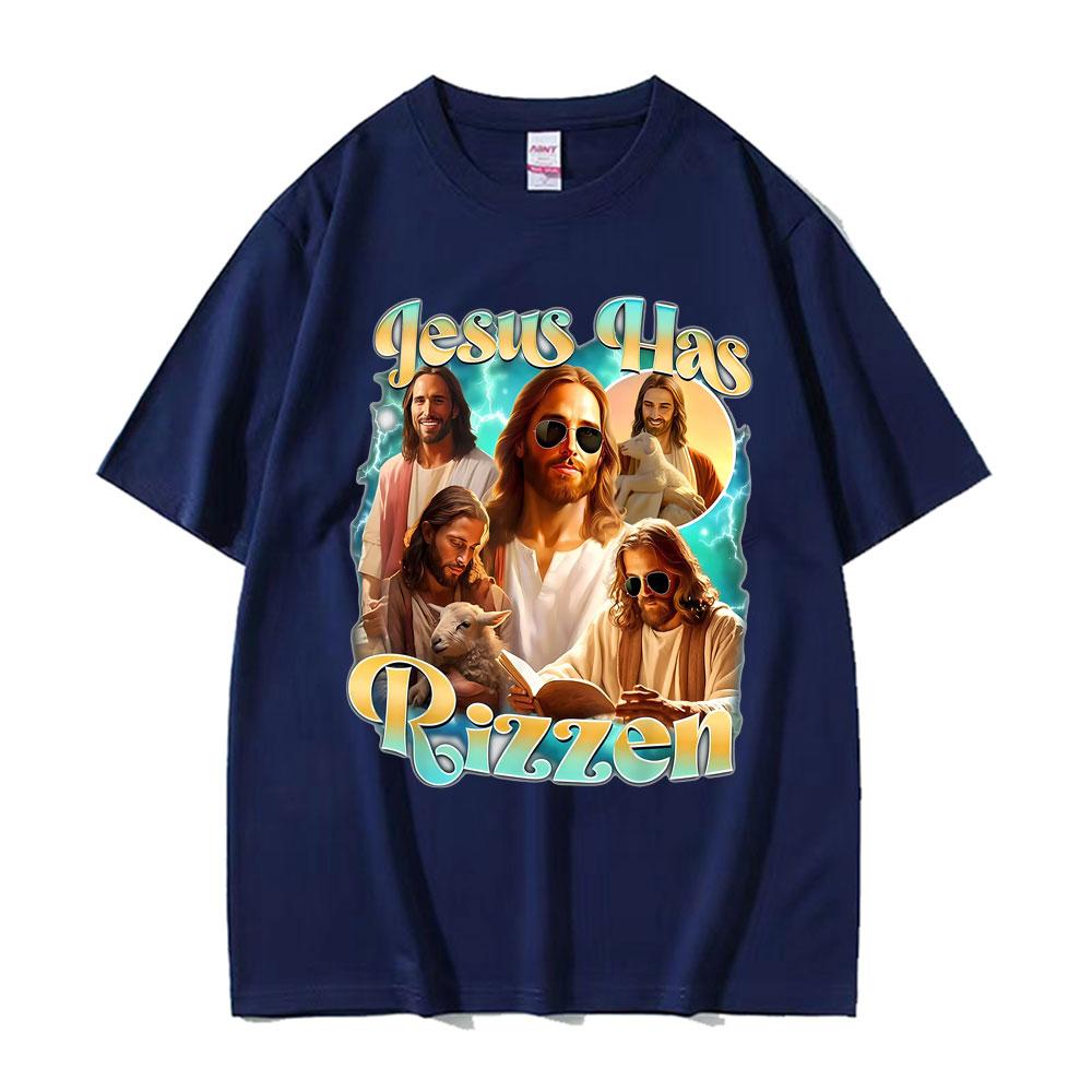 Jesus Has Rizzen He Ls Rizzin Funny Christian Religious Tee Shirt Men Women Summer Tshirt Vintage Oversized T Shirt Streetwear
