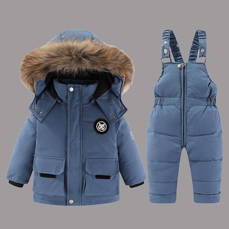 Детский комплект из 2 предметов: Зимняя пуховая куртка и комбинезон для малыша, Утепленная куртка для девочек, Пальто с теплым воротником из натурального меха, Мальчиковый сноусьют