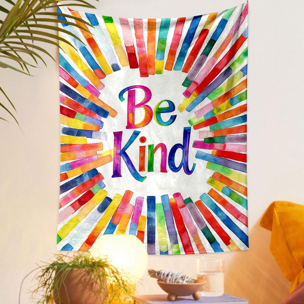 Colorful "Be Kind" Text with Rainbow Lines Patterned tapestry home decor, suitable for bedroom and living room, gift