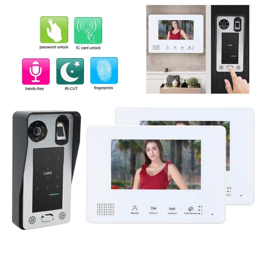 Главная Видеодомофон 2-проводная система 7 дюймов 2 монитора отпечаток пальца пароль IC карта разблокировка ночное видение