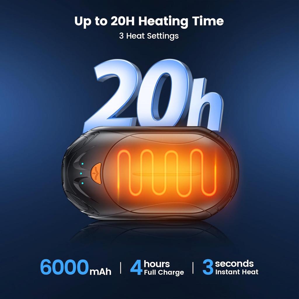 Грелки для рук, перезаряжаемые, 2 шт., 6000 мАч, перезаряжаемая грелка для рук, 20 ч, электрическая грелка для рук, портативный карманный обогреватель, карманный размер грелка для рук