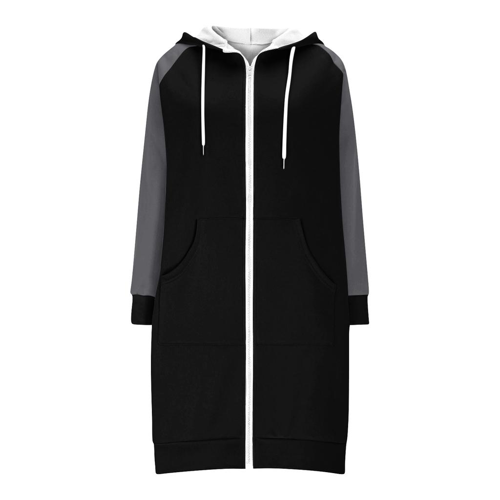 Women's Fashionable Color Blocked Long Sleeved Drawstring Hooded Zipper Pocket Long Casual Sweatshirt Jacket