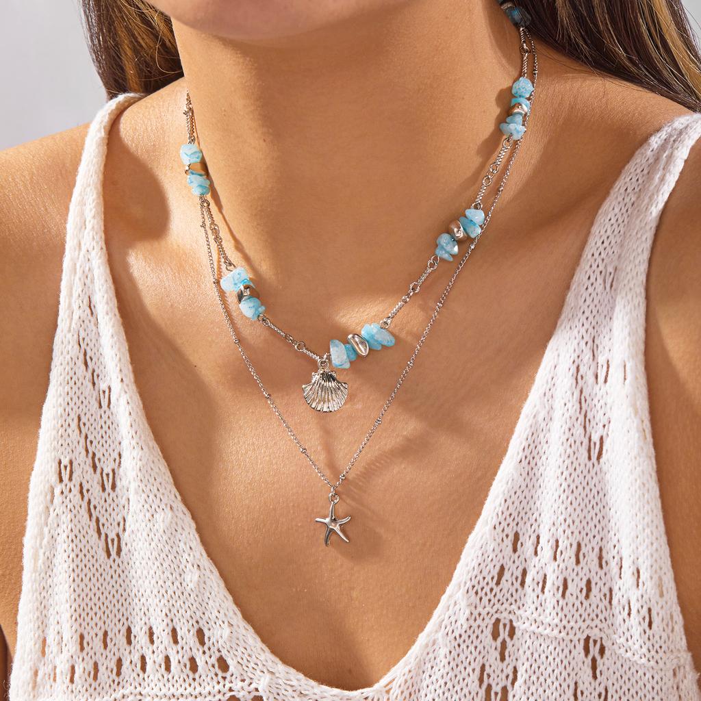 Summer Beach Vacation Necklace For Women Starfish Shell Pendant Irregular Stone Choker Neck Chain Hawaiian Holiday Party Jewelry