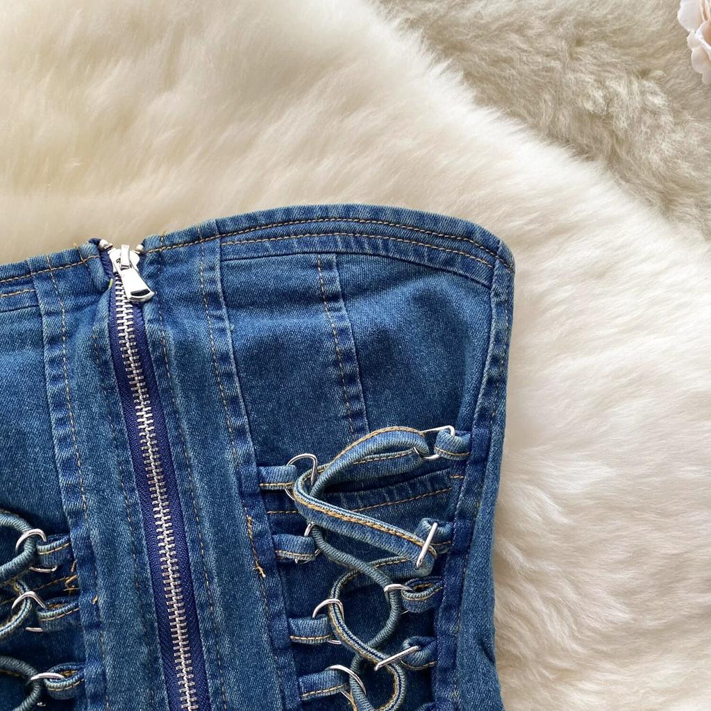 Джинсовые комплекты для девочек, милые комплекты из двух предметов, женские топы на молнии без бретелек Y2K, эластичные мини-кюлоты, женская мода, уличная одежда на шнуровке, костюмы 2024