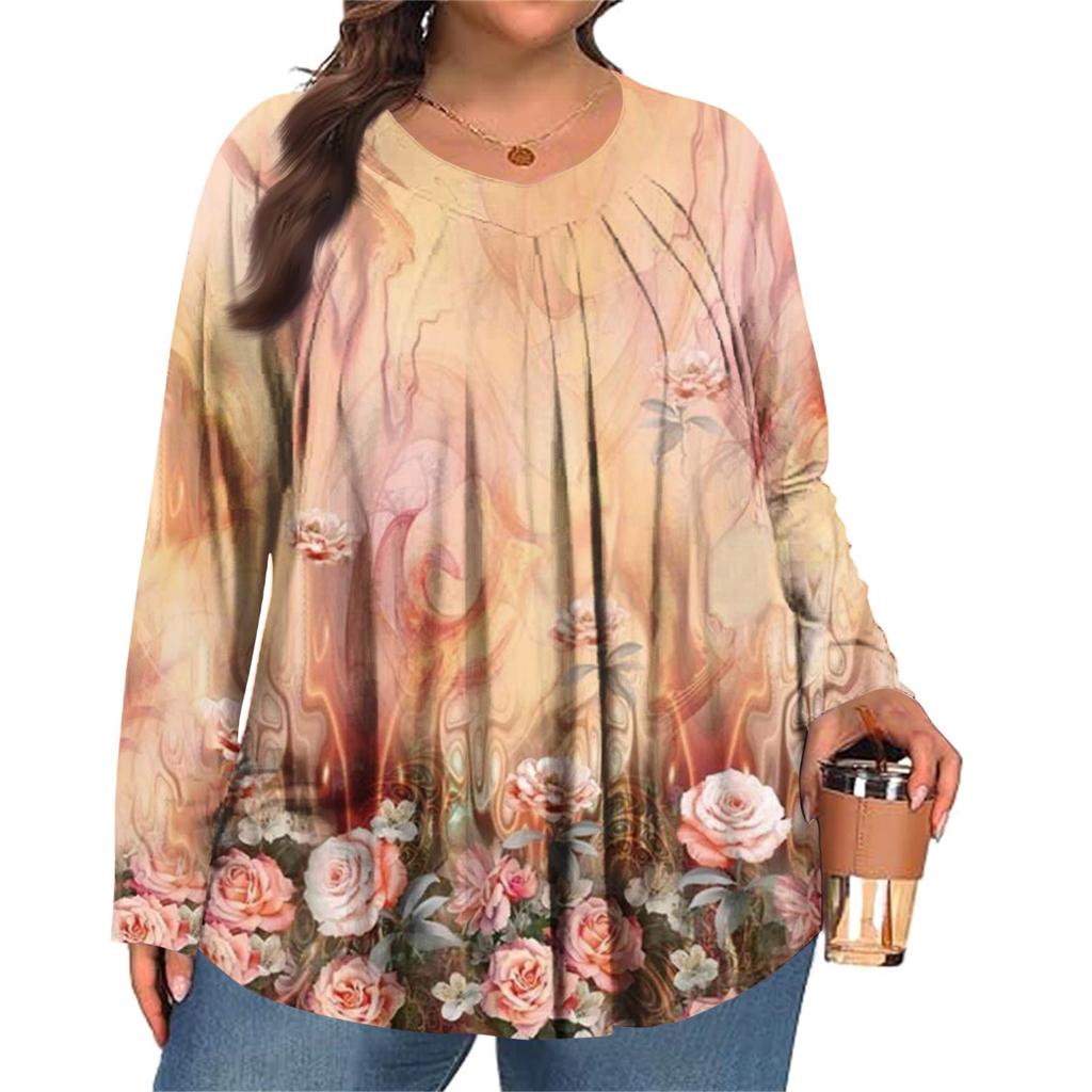 Женский модный топ большого размера с принтом, повседневный плиссированный, с круглым вырезом и длинными рукавами