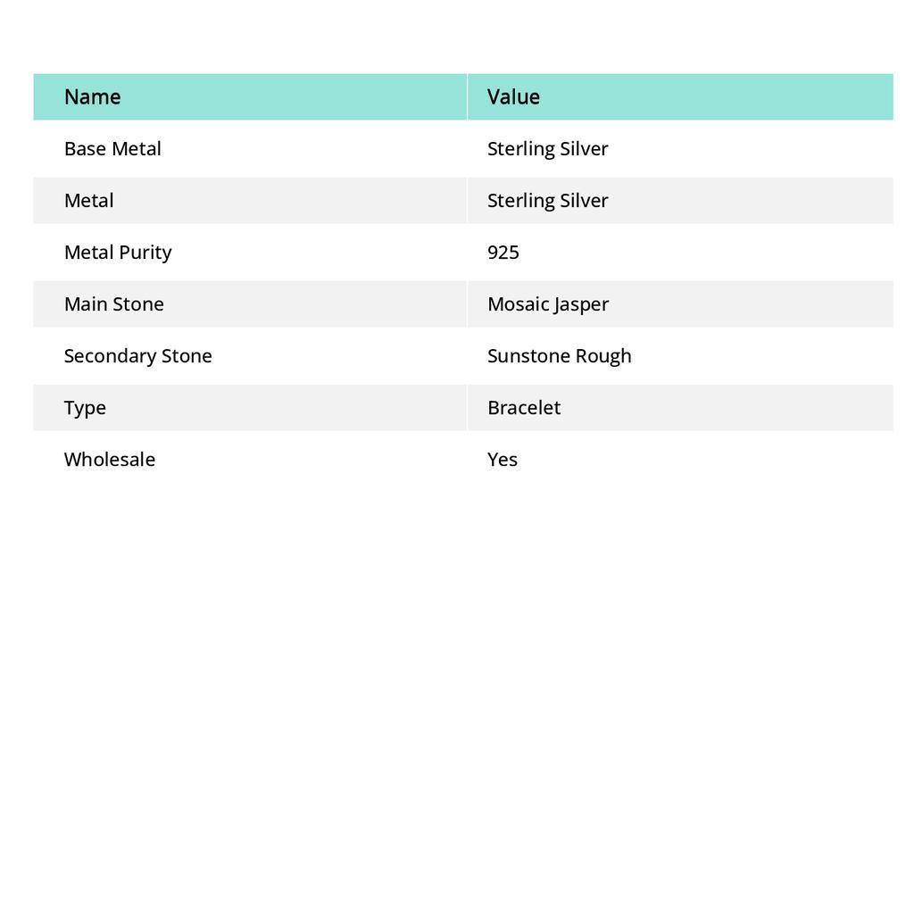 Мозаичная яшма, Солнечный камень Необработанный драгоценный камень Браслет из серебра 925 пробы 7-8"
