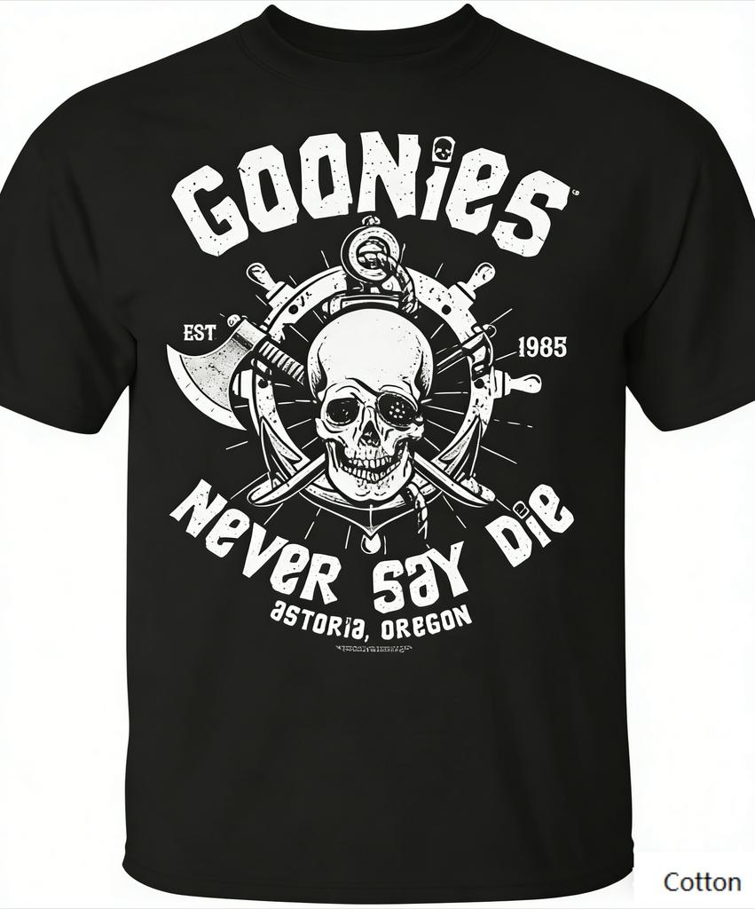 Vintage Goonies Inspired Pirate Skull Weapons Print Pure Cotton Crew Neck Tee Unisex Retro Nautical Streetwear Casual Short