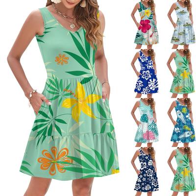Женское летнее модное повседневное платье-жилет без рукавов с V-образным вырезом, плиссировкой и гавайским цветочным принтом