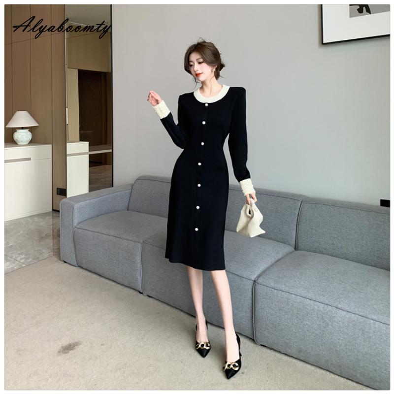 Осенне-зимнее женское черное платье-свитер с круглым вырезом, великолепное вязаное платье с бисером, роскошное праздничное трикотажное платье с нежным жемчугом