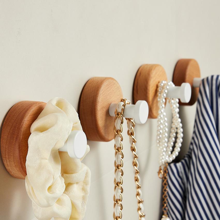 Wall Wood Hook Self-adhesive Round Key Coat Towel Hook Hanger for Bathroom Kitchen Accessories Room Decor Hook Storage Organizat