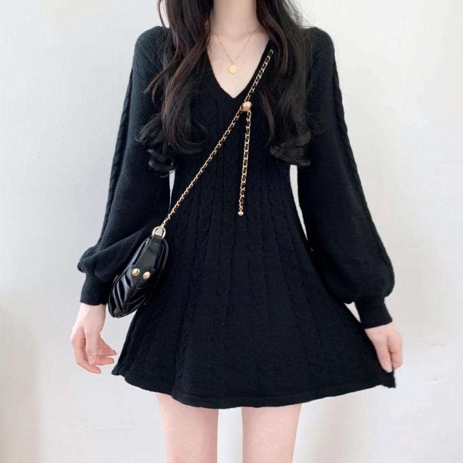 Вязаный вязаный свитер, мини-платье, женские повседневные короткие платья с рукавами-фонариками, осенне-зимняя одежда с v-образным вырезом, женская одежда