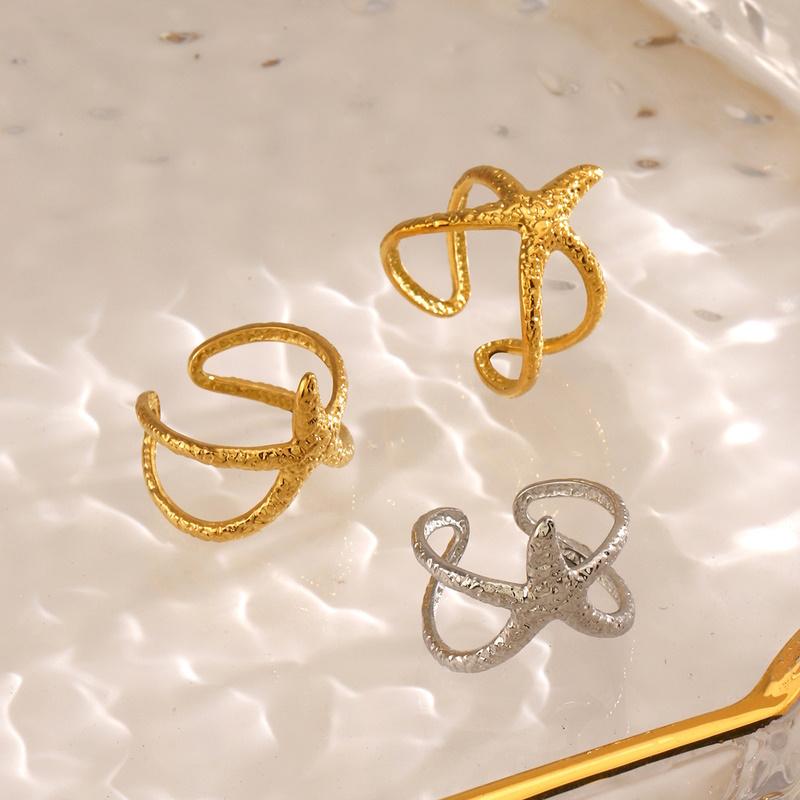 Stainless Steel Starfish Open Rings For Women Men Fashion Golden Color Irregular Textured Starfish Adjustable Ring Jewelry Gift