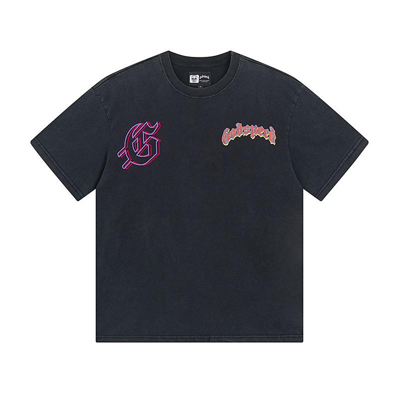 Cross-border trendy brand GS Skull Band Alphabet Printing Washing Water Short Sleeve Loose T-Shirt Men's and Women's High Street Retro Half Sleeve