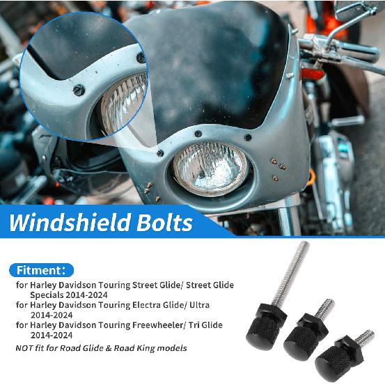 Windshield Bolts for Harley Davidson Touring Street Glide/Street Glide Specials 14-24 1 Pc Long Bolt 2 Pcs Short Bolts Aluminum Alloy Black