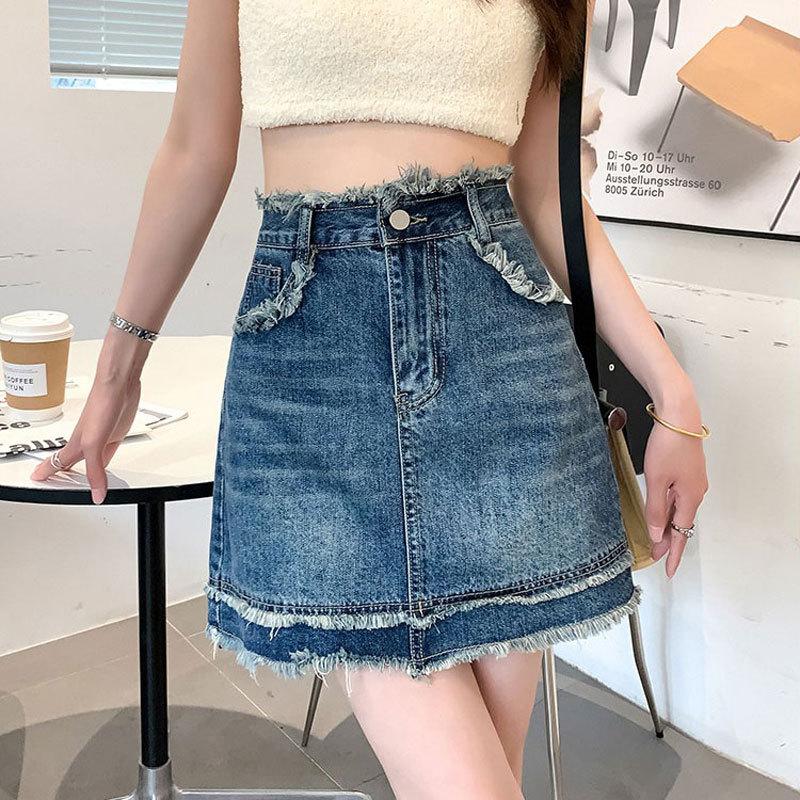 Классическая универсальная молодежная юбка-бюстье А-силуэта с необработанным краем и высокой талией, повседневная тонкая юбка в стиле ретро с высокой посадкой, летняя модная ковбойская короткая юбка