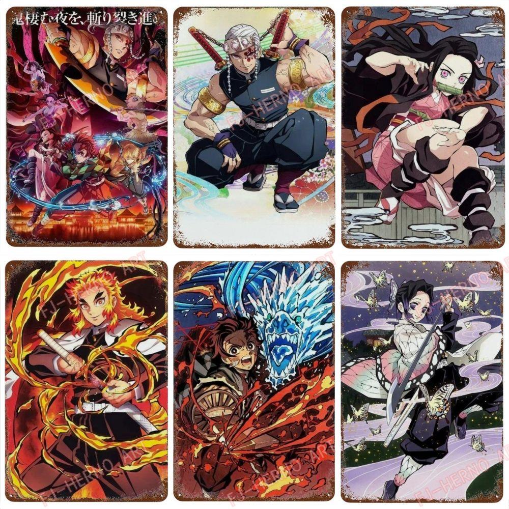 Classic Pop Anime Demon Slayer Kyojuro Rengoku Art Poster Metal Tin Sign Plaque Wall Plates for Living Room Modern Home Decor