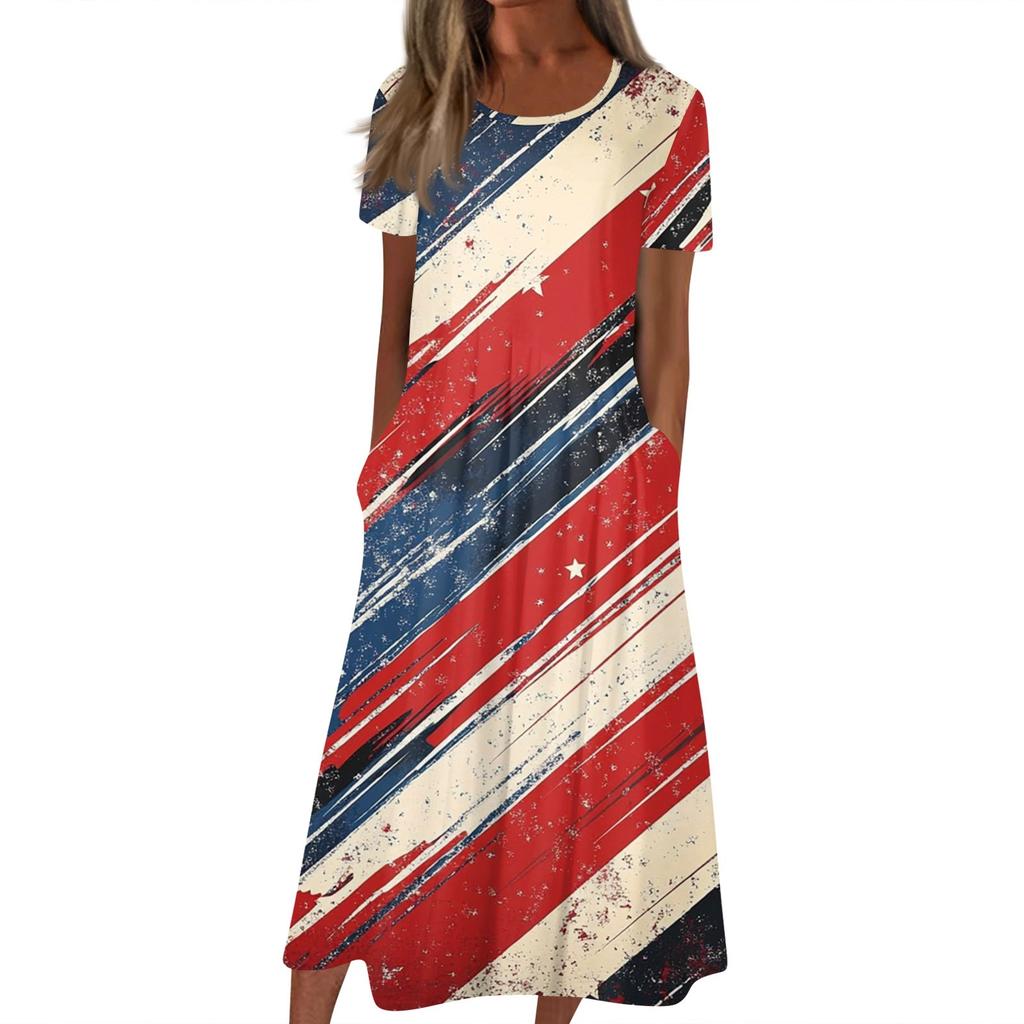 Женское летнее повседневное модное платье с коротким рукавом и карманом на День независимости с коротким рукавом