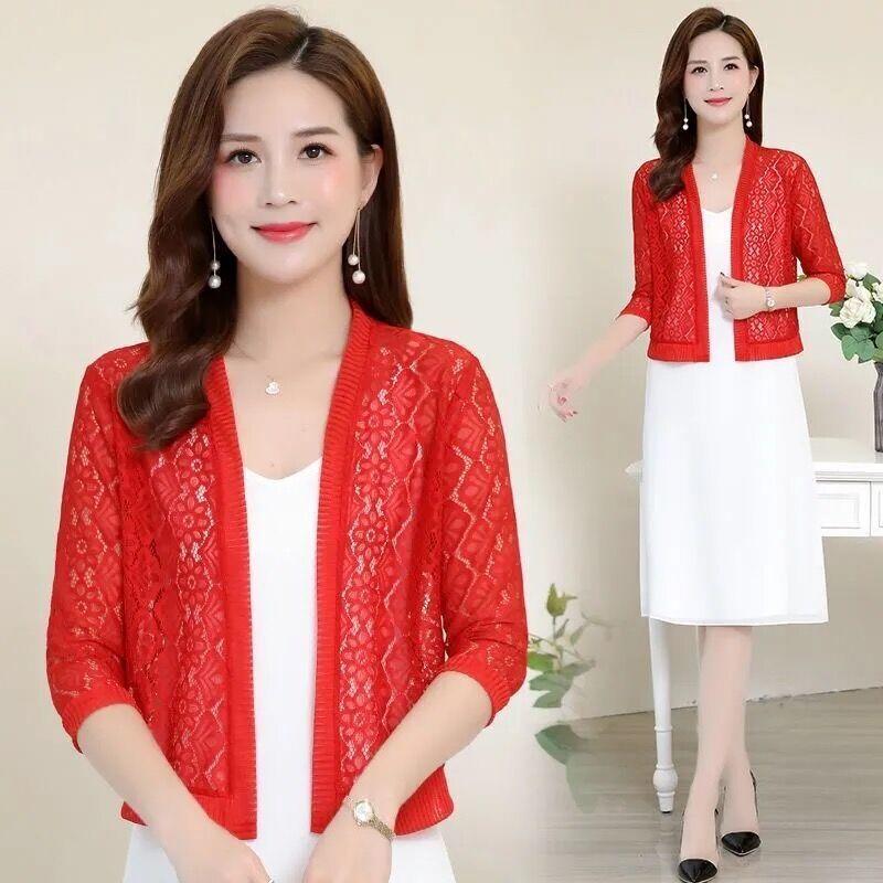 Summer Women Lace Jacket Thin Cardigan Open Front Lace Top Plus Size Lace Blouse Loose Sun Protection Shawl
