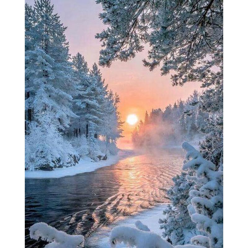 Diamond Painting River" "snowy Cross Stitch Rhinestone Embroidery Mosaic Home Decor Gift Sunrise