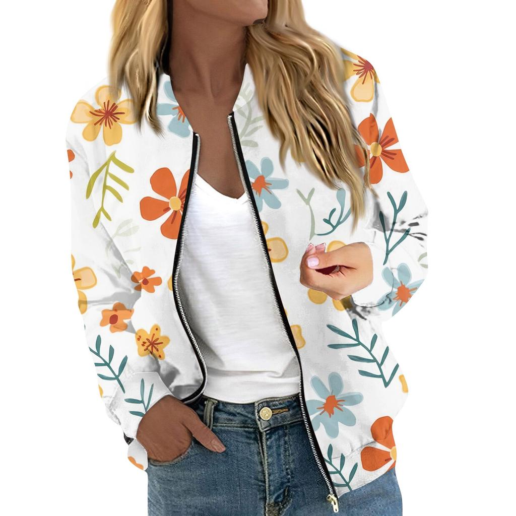 Женская куртка с длинным рукавом, легкая, на молнии, укороченная, с цветочным принтом, верхняя одежда, повседневная, стеганая куртка с карманами