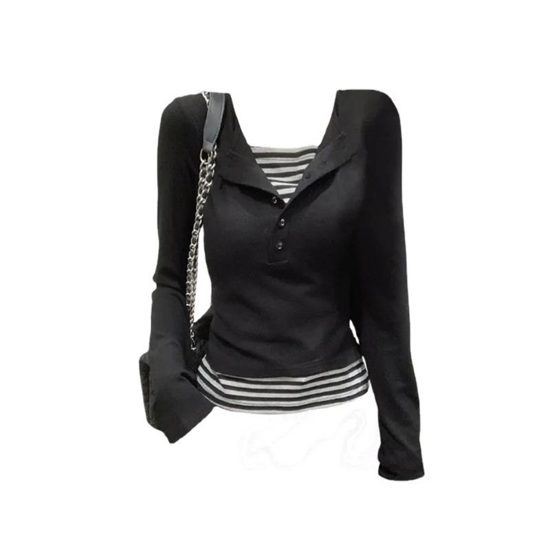New Design Fashion T-Shirts Women Square Collar Fake Two Pieces Striped Top Long Sleeve Slim Casual Tees American Retro Y2K