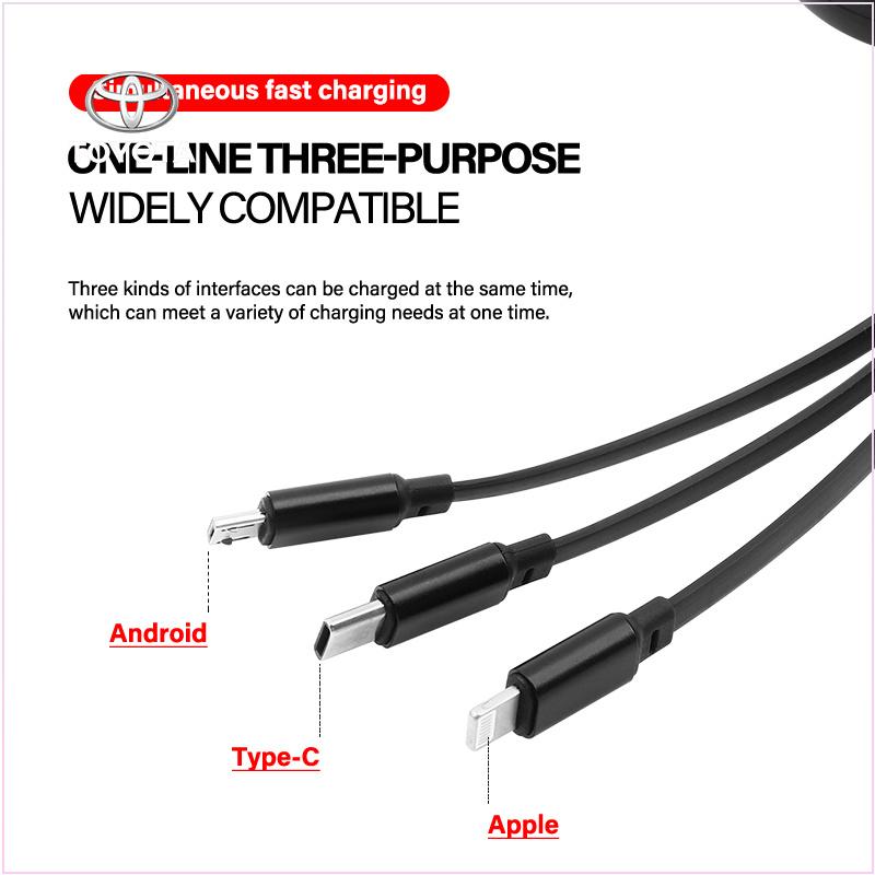 3in1 Retractable Fast Charge Data Cable USB Android Type-C IPhone for Toyota Trd GR Corolla Yaris Chr Auris RAV4 Land Cruiser Camry Highlander