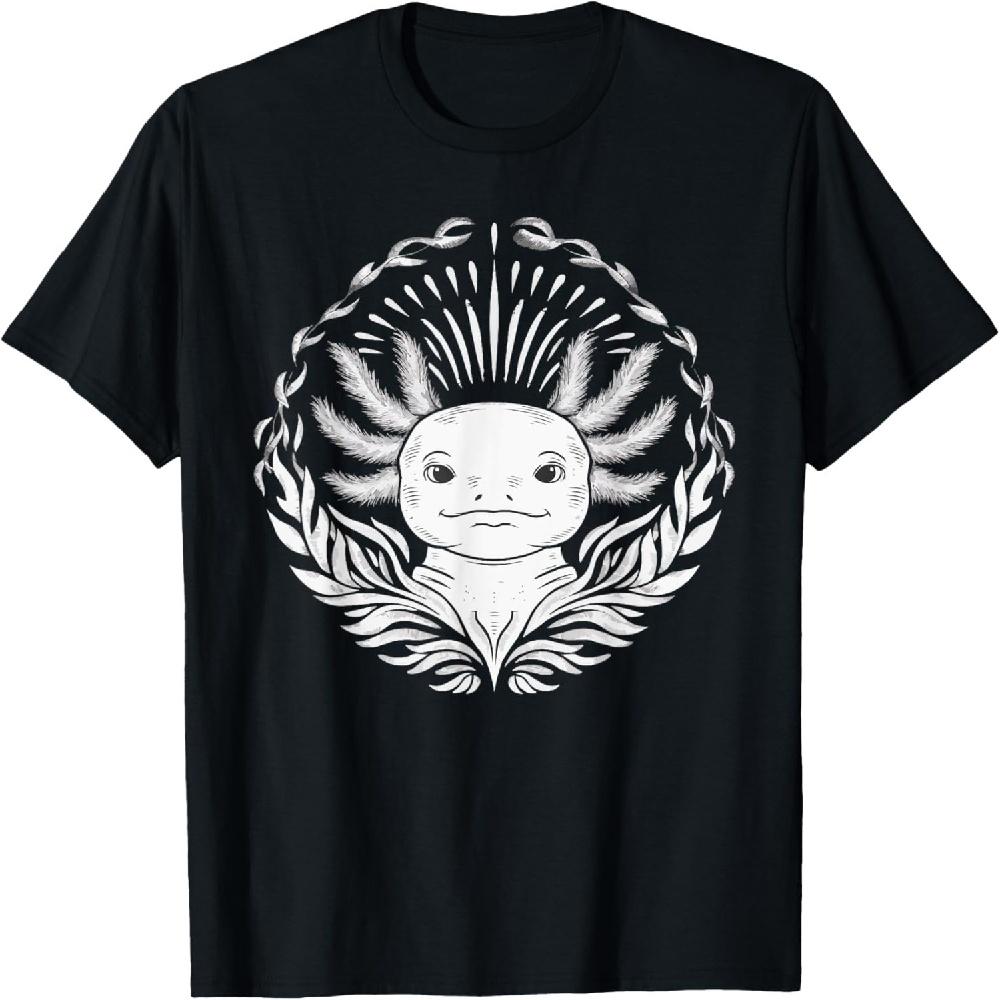 Black And White Of A Axolotl Face Ornate Pattern T-Shirt