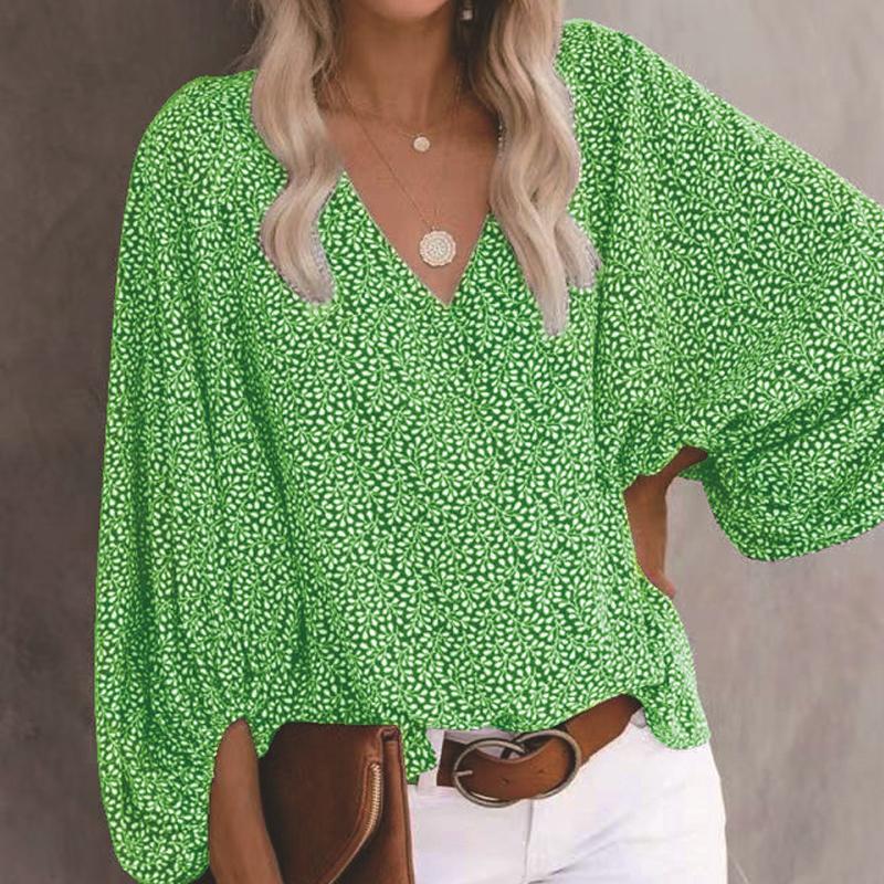 Elegant Casual Spring V-neck Print Shirt Beach Floral Blouse Lantern Long Sleeve Leopard Clothes Vacation Tops 19150