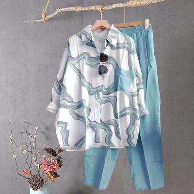 Женский комплект из двух частей в полоску, рубашка с длинными рукавами, лацканами, застегивающаяся на пуговицы, блузка и брюки, летний повседневный спортивный костюм