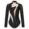 Womens Color Block Patchwork Leotard Sparkling Rhinestone Sheer Mesh Long Sleeve Bodysuit for Gymnastics Acrobatics Dance