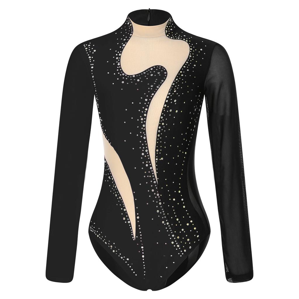 Womens Color Block Patchwork Leotard Sparkling Rhinestone Sheer Mesh Long Sleeve Bodysuit for Gymnastics Acrobatics Dance