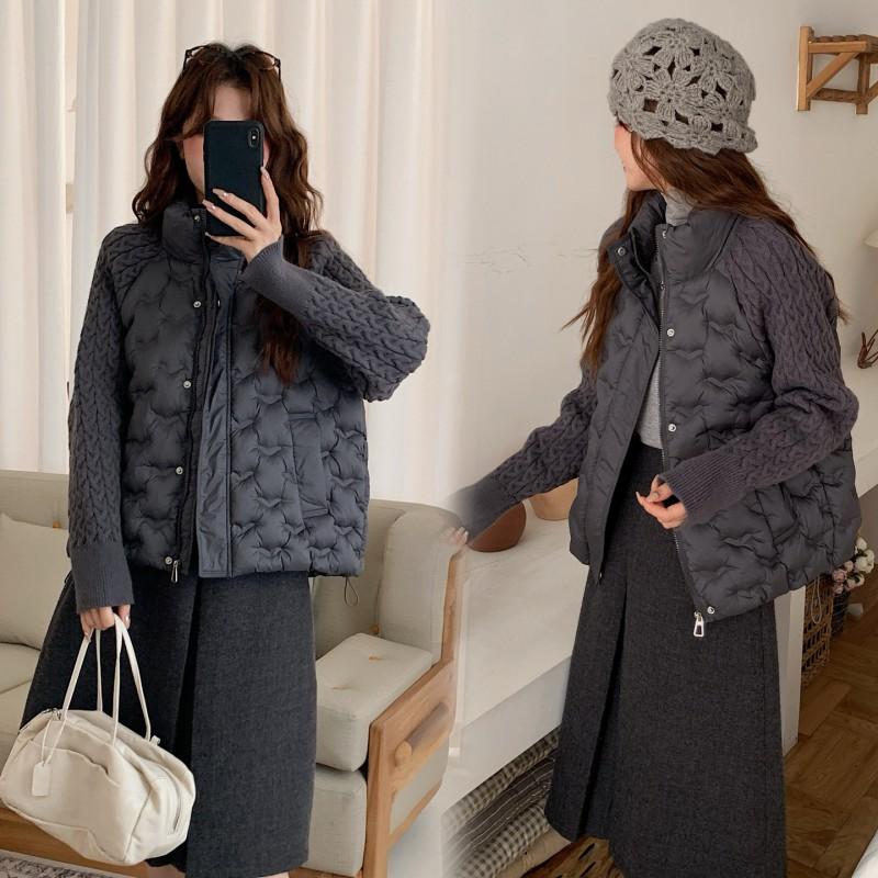 Womens Warm Puffer Coat With Knit Sleeve Patchwork Stand Collar Loose Fit Short Winter Jacket Small Stature