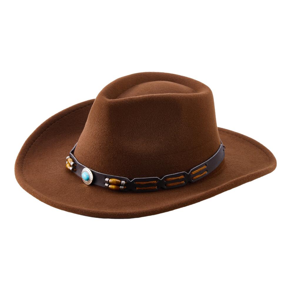 (One Size, Coffee) Western Cowboy Hat for Women Men Bohemian Cowgirl Hat with Beads Trim Outdoor Sun Hat