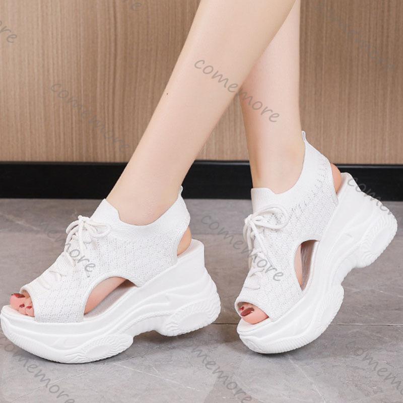 Fashion Comemore Thick Bottom Sandals Women Summer Mesh Fish Mouth High Heels Casual Sport Style Roman Sandal White Black Wedge Sandales