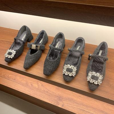 Серые туфли Мэри Джейн на толстом каблуке со стразами для женской зимней носки, новая корейская версия шерстяных одинарных туфель с квадратным носком на хлопковой подкладке