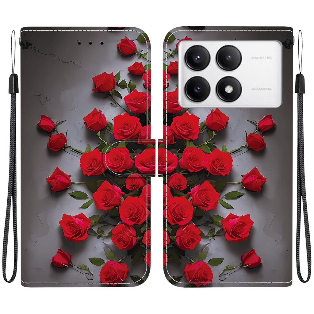 Handmade PU Leather Flip Case for Xiaomi Poco F6 Pro Anti-Slip Shockproof Cover with Wrist Strap & Heart/Rose Cat Designs