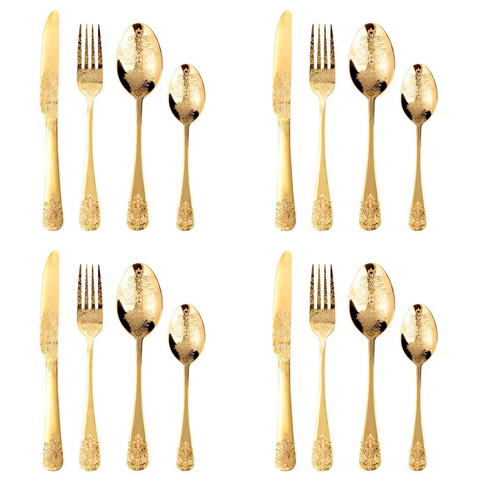 Gold Cutlery Set Vintage Tableware Set Stainless Steel Flatware Knife Fork Spoon Luxury Western Silverware Dinnerware Set