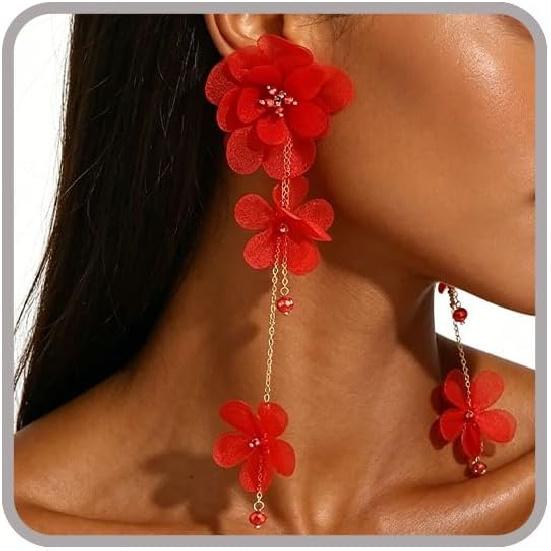 Long Flower Dangle Earrings for Women Red Black White Hot Pink Floral Drop Earrings Exaggerated Oversized Flower Statement Earring Rose Petal Large