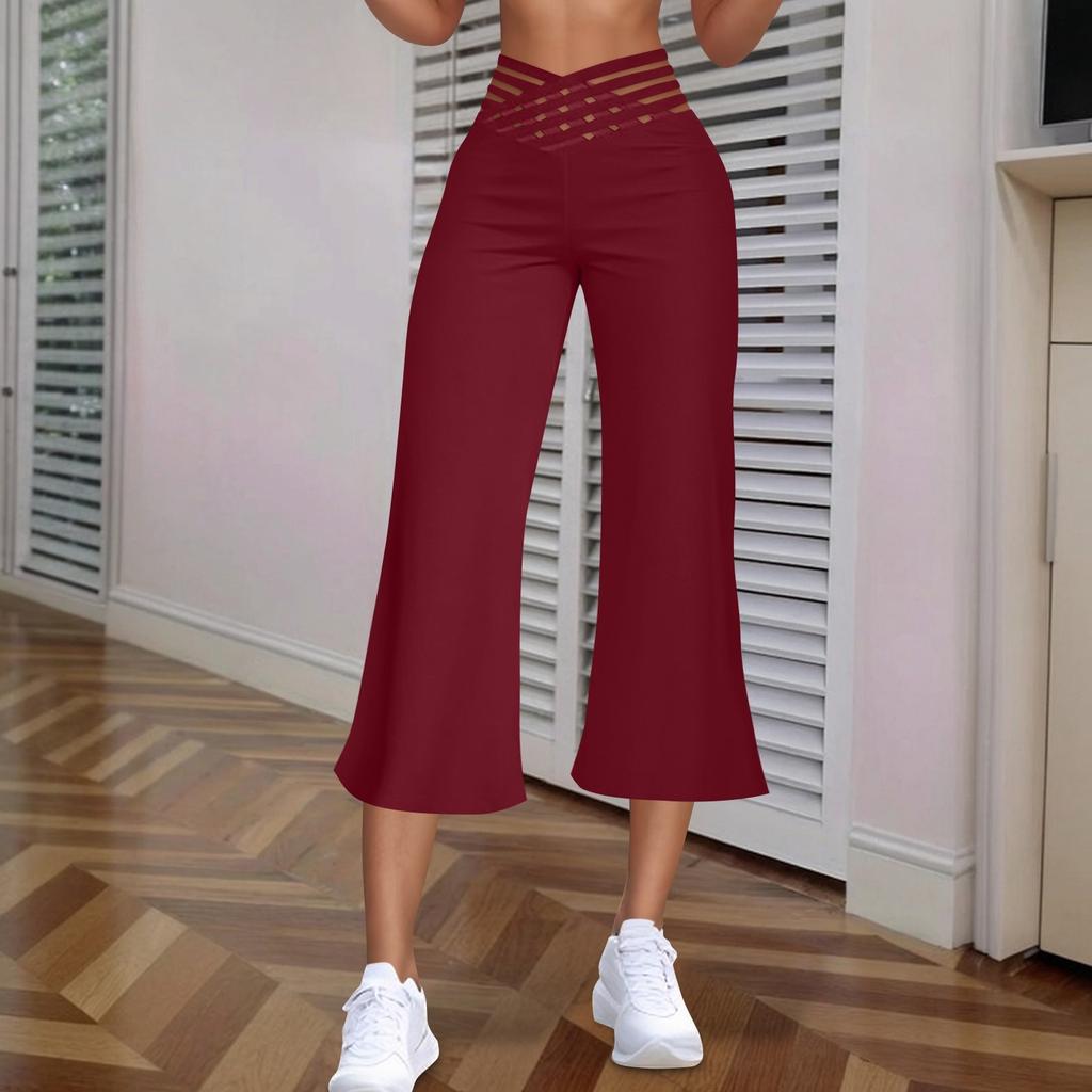 Women's Hollow Belt Trousers Temperament Flared High Waist 3/4 Pant Casual Fit Wide Capris Leg Pants