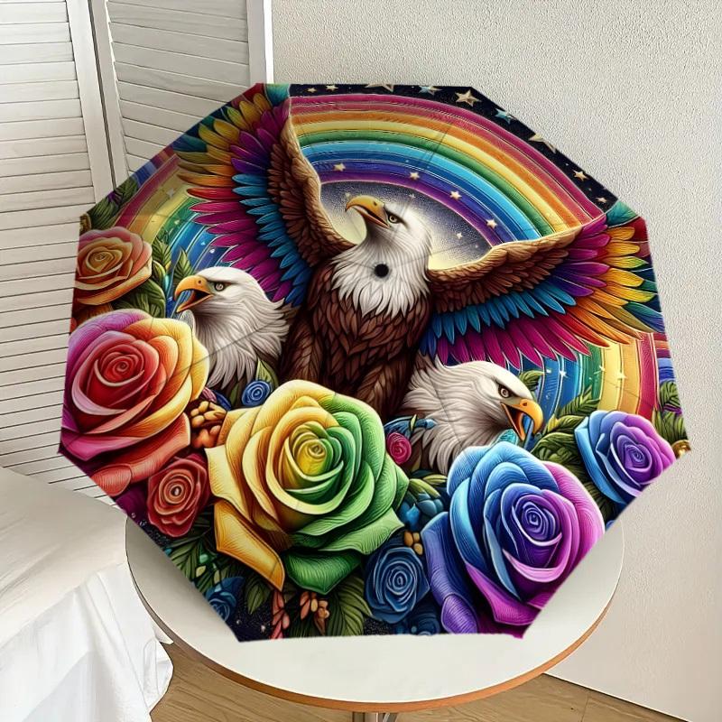 1pc Eagle Rainbow Roses Fantasy Artwork Umbrella with Plastic Handle,Suitable for All Seasons Home Travel Outdoor UmbrellaDD1005