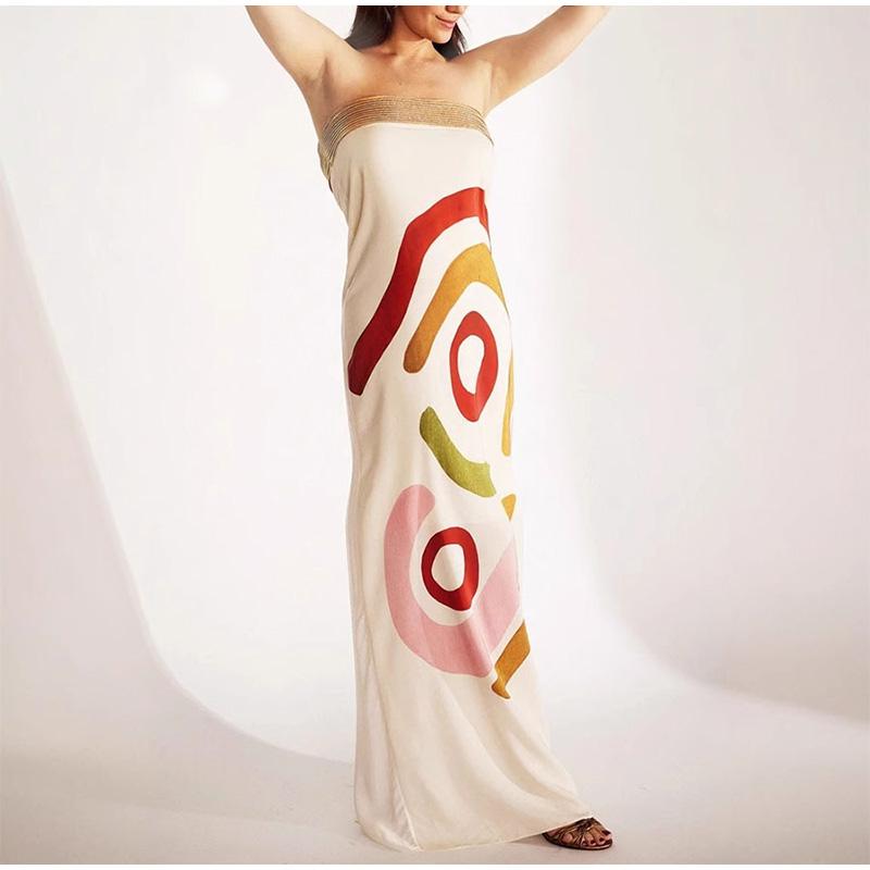 Elegant Slim Sleeveless Patchwork Long Dresses Fashion High Waisted Satin Wrap Hips Dresses Sexy Strapless Print One Piece Dress