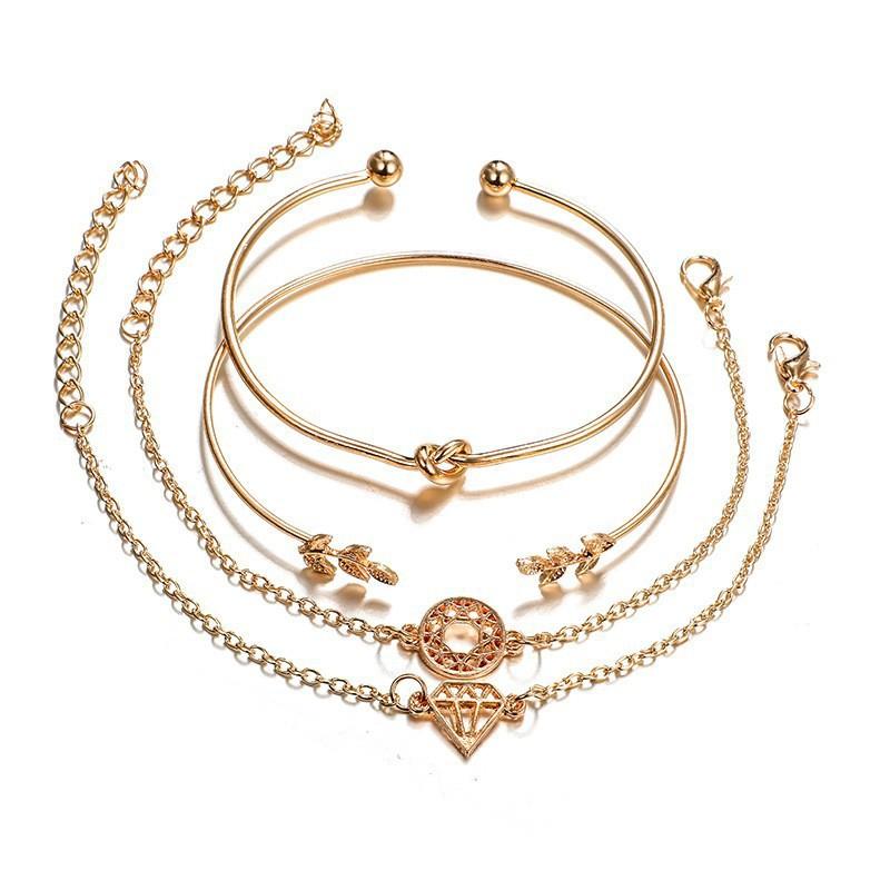 Korean Style Leaf Dream Catcher Bracelet 4 - Piece Set , Gold Alloy , Simple and Elegant Summer Jewelry