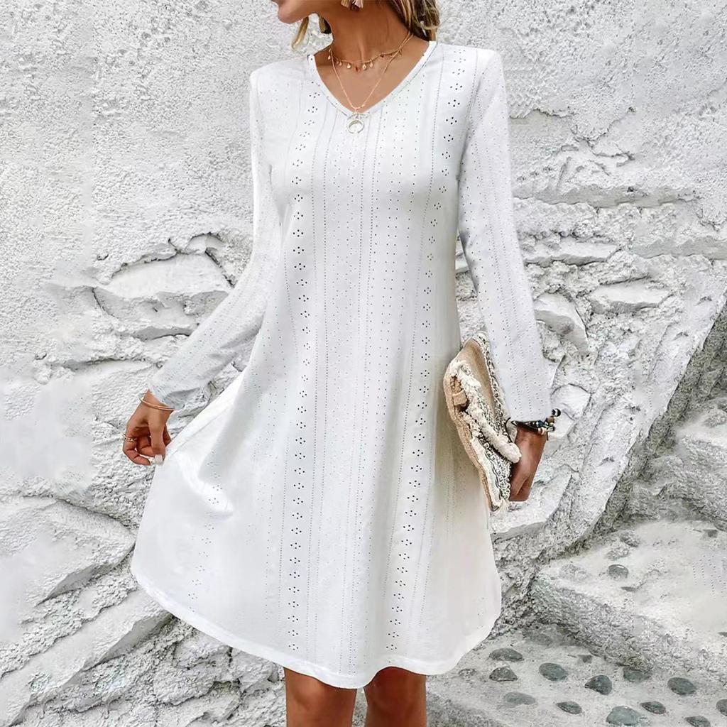 Женское модное повседневное платье с длинными рукавами и V-образным вырезом, однотонное
