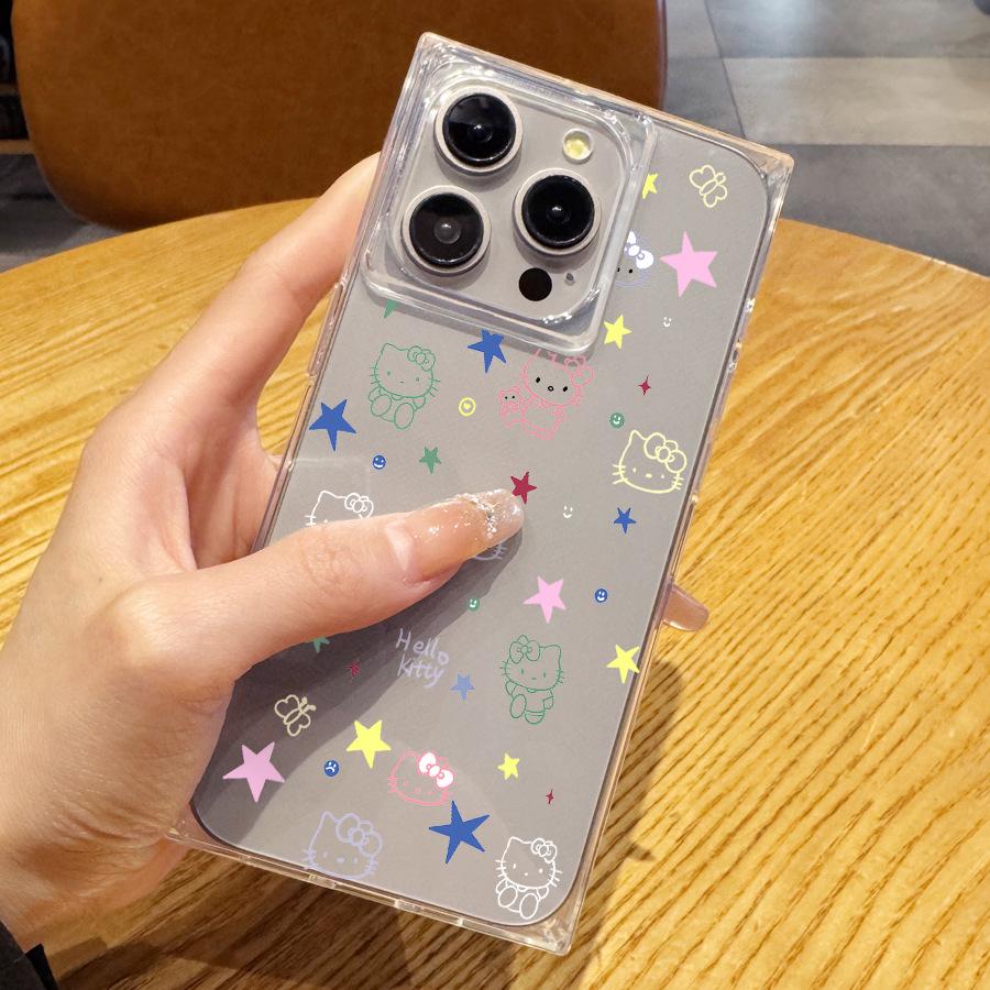 Простой и прозрачный чехол Hello Kitty для iPhone 15 с нарисованными линиями 14 Plus 13 Pro Max 12 11 прямоугольные края 16 promax