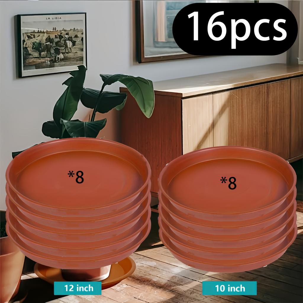 Set of 16 Robust Plastic Plant Trays - Elegant Terracotta Style - Circular Dishes for Pots, Indoor Plants, And Bird Baths - Available in Sizes 10