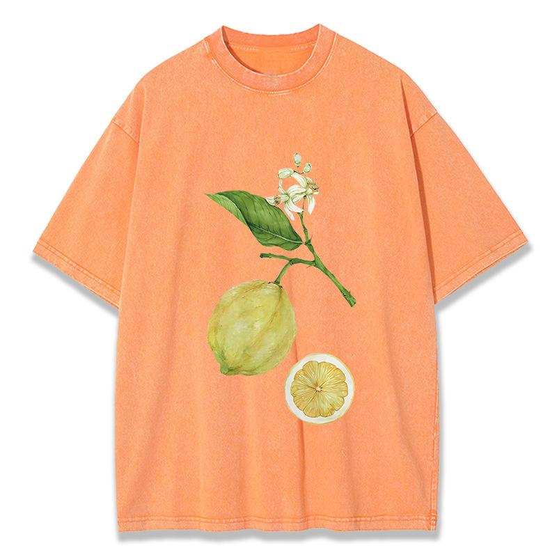 Retro Lemon Printing Washed T-Shirt Womens Cotton T Shirts C