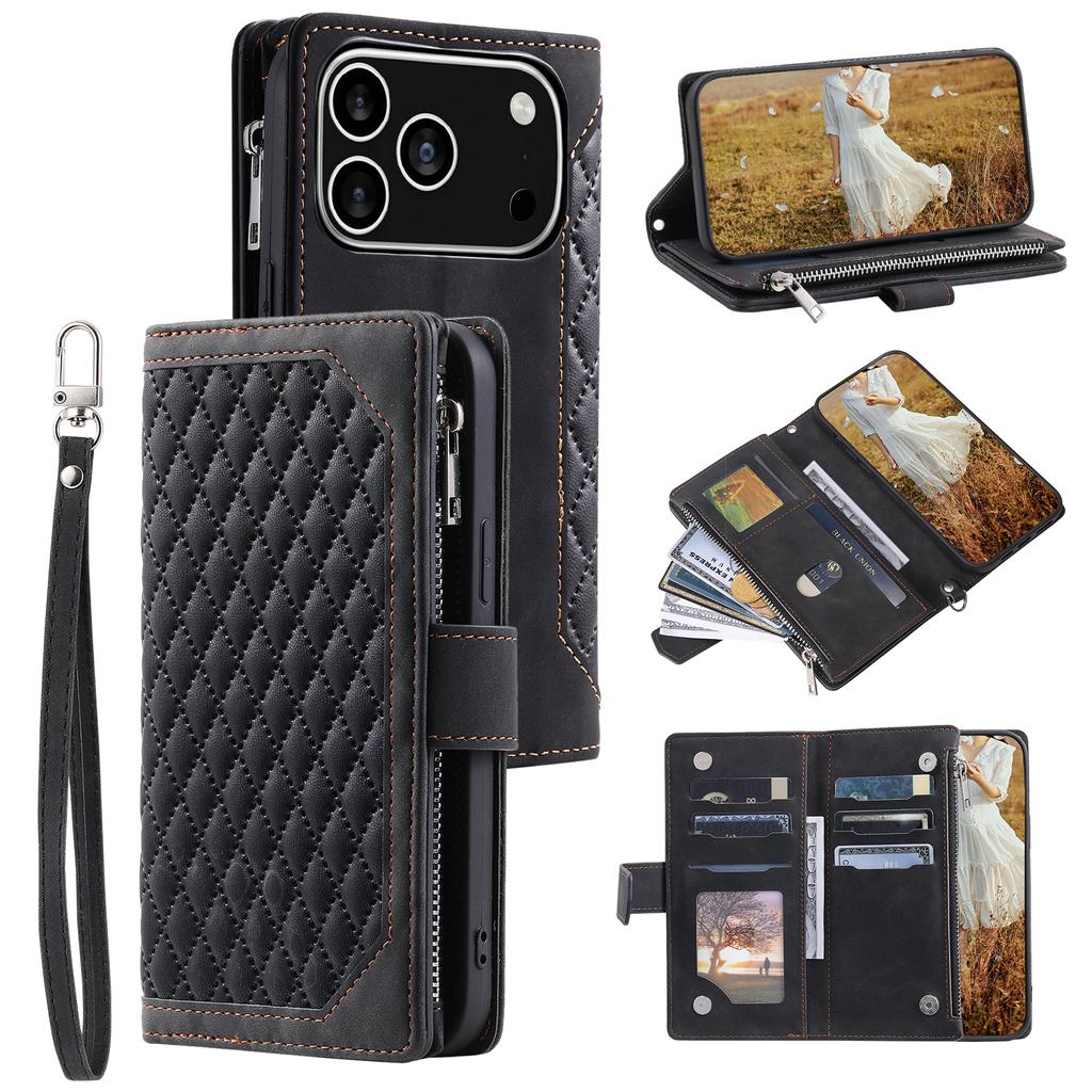 For iPhone 17 Pro Wallet Case Rhombus Stitching Line PU Leather Phone Cover with Wrist Strap