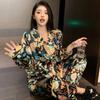 Pajamas Women's Long-sleeved Pajamas Pajamas Suit Flower Printed High-grade Ice Silk Can Be Worn Outside Home Wear Pajamas